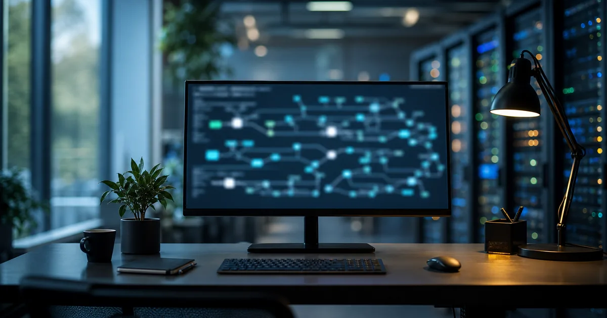 A clean data-engineering workspace with a wide monitor showing soft out-of-focus pipeline diagrams, a server aisle in bokeh behind, cool ambient light, no