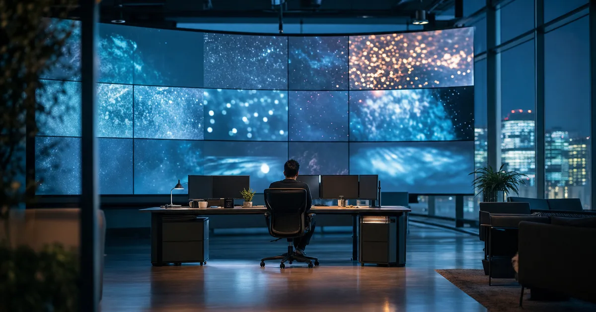 A modern media technology office with a large curved video wall displaying abstract content tiles, a lone engineer working at a corner desk under blue-toned