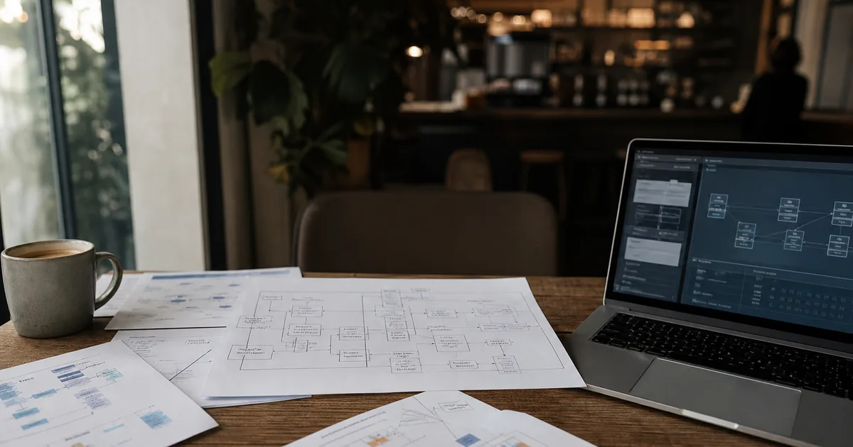An engineer reviewing a data pipeline architecture sketch on paper at a cafe table, surrounded by schema diagrams and a laptop showing a database interface