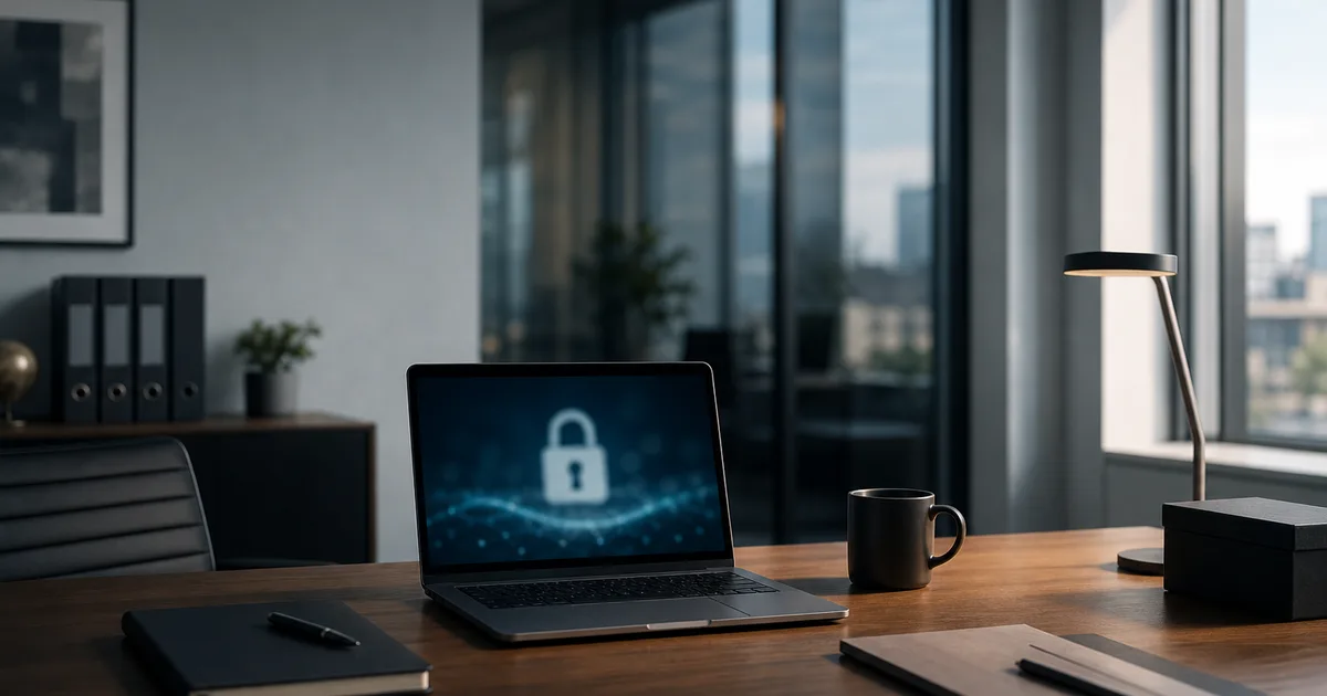 A secure modern office with a laptop showing a blurred lock icon and policy text, a clean desk by a window, cool professional light