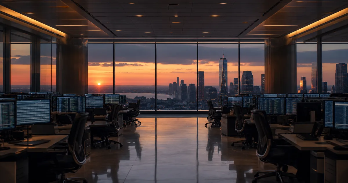 A quiet open trading floor after hours with rows of multi-screen workstations showing scrolling financial data, polished floors reflecting ceiling lights