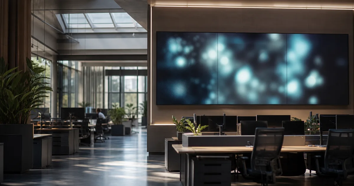 A contemporary open-plan analytics office with large wall-mounted dashboards displaying abstract data visualizations, natural light streaming from skylights