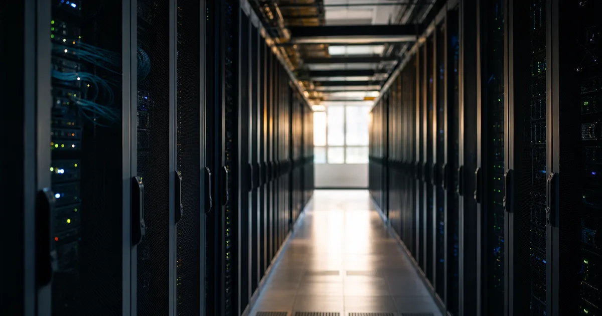 A server room aisle with rows of racks and soft indicator lights receding in clean perspective, cool tones, no people