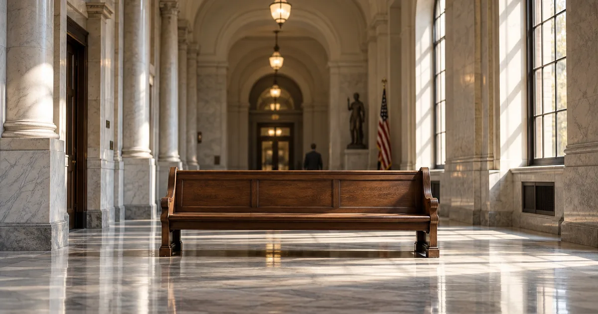 An empty federal courthouse hallway with marble floors and a long wooden bench, afternoon light falling through tall arched windows