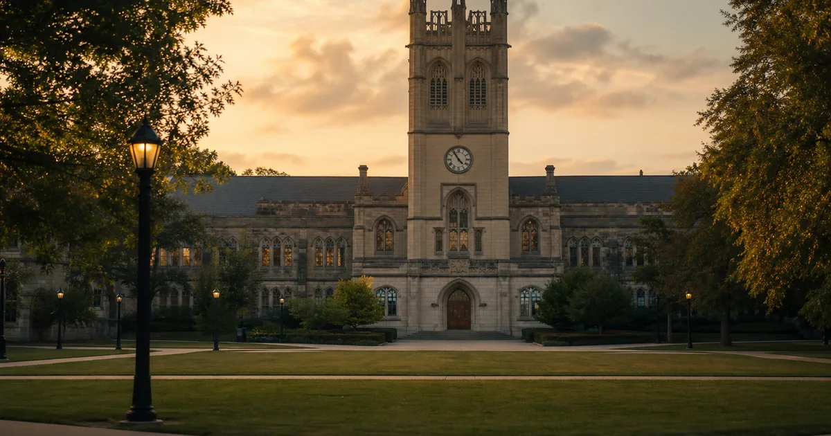 A university campus building at golden hour with a clock tower and an empty quad, contemplative warm light, no people