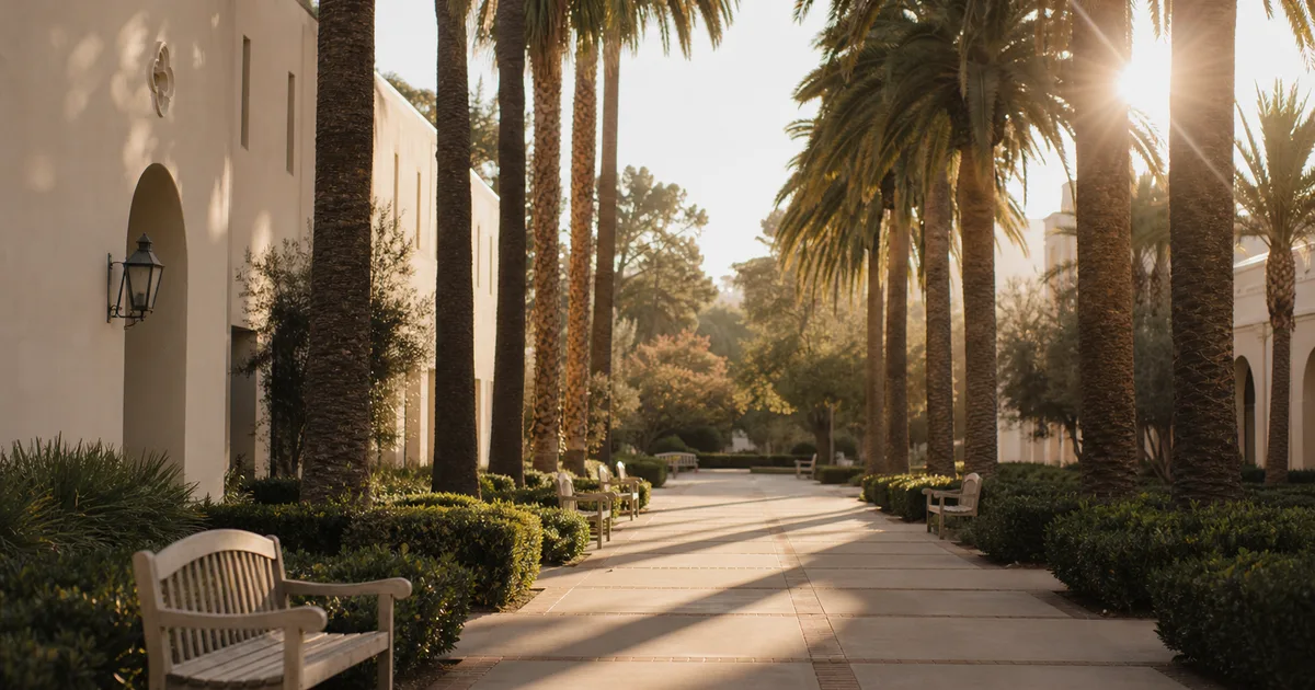 A student reviewing university enrollment paperwork at a laptop in a sunlit California campus library