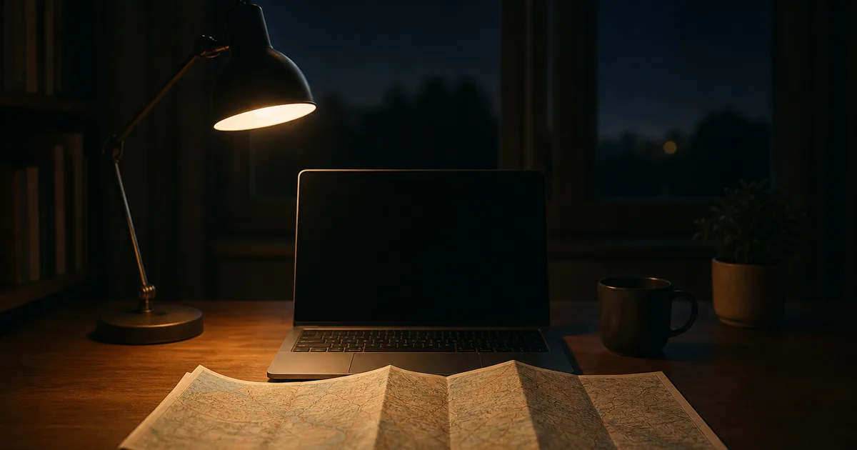 A student researches university programs on a laptop at a library desk, notebook and coffee cup nearby, soft daylight through tall windows