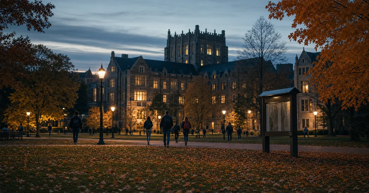 A university campus quad at dusk, students walking past a notice board, warm lamp posts lit, autumn leaves on the ground