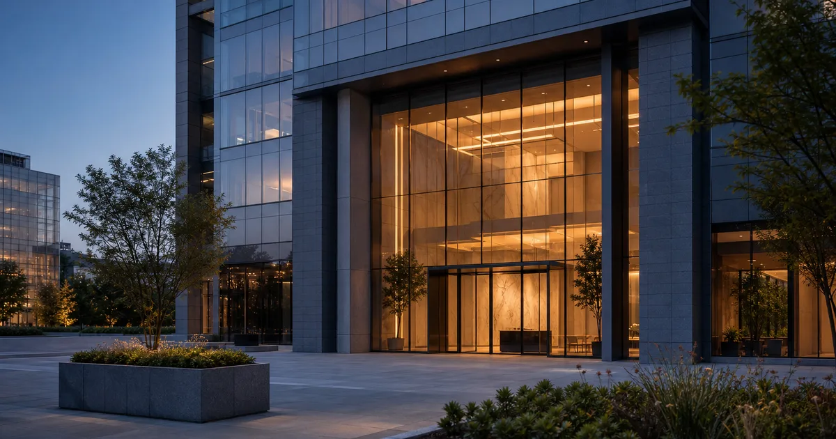 A glass office tower reflecting a city skyline at dusk with professional workers visible through the lobby windows