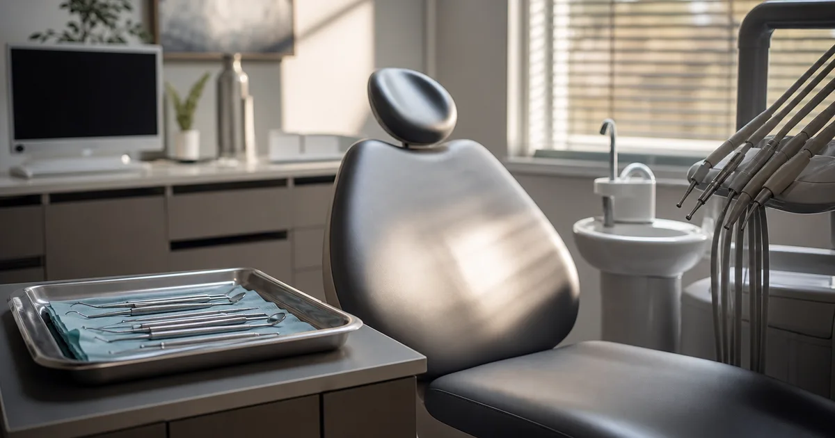 A clean dental hygiene station with neatly arranged instruments on a tray and an exam chair, bright clinical light, no people