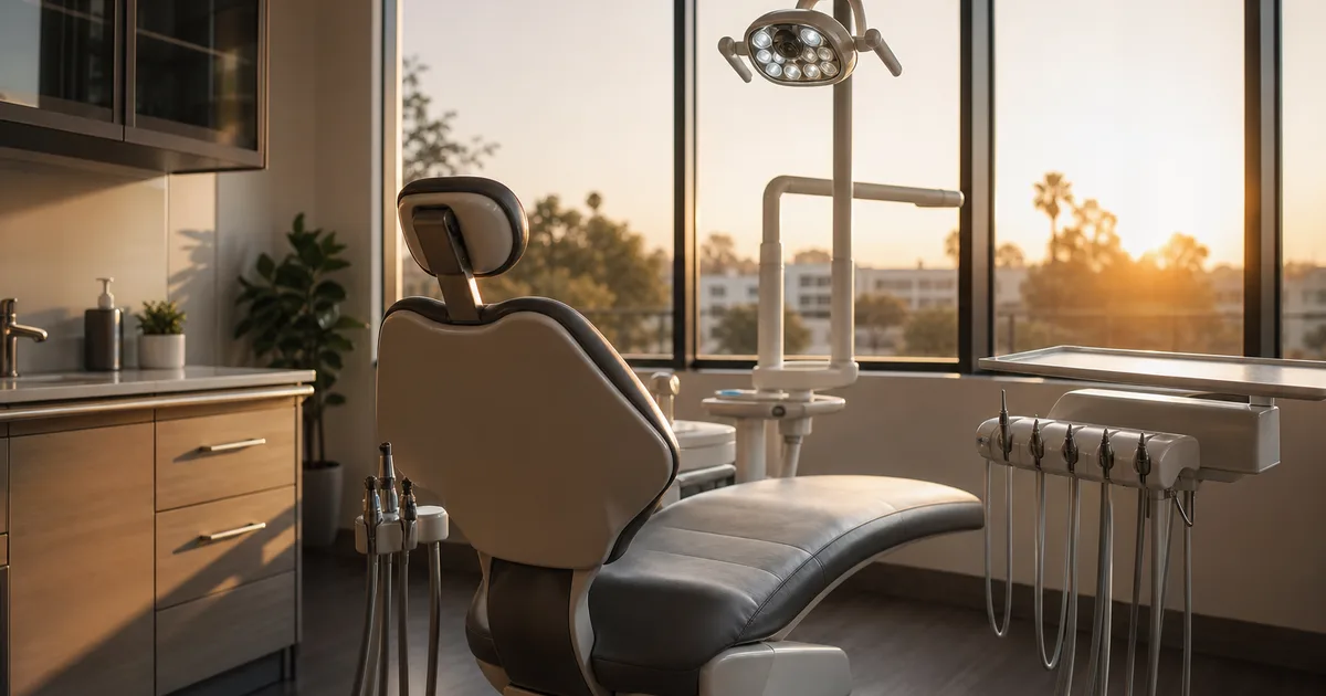 A modern dental clinic operatory at golden hour, an empty dental chair, instrument tray and overhead exam light, clean clinical surfaces