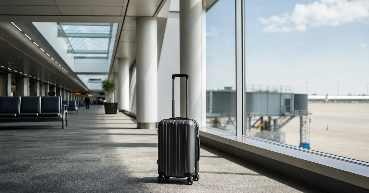 A graduate student with a rolling suitcase stands at an international airport departure gate, passport and documents in hand, looking toward bright windows