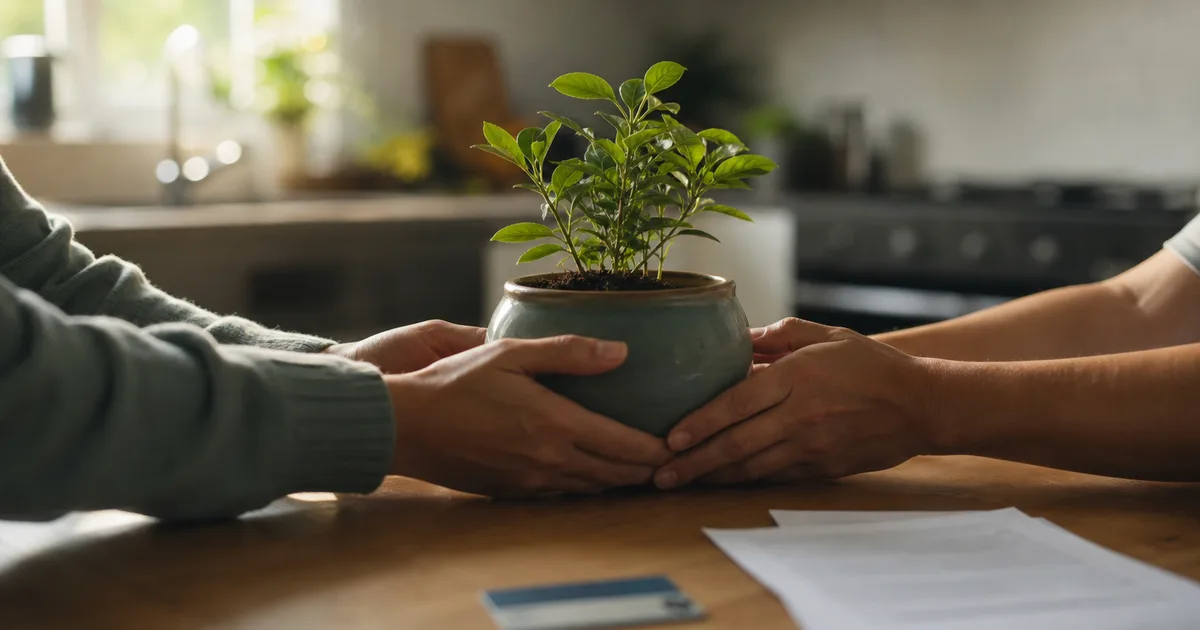 Two sets of hands cradling a small potted plant on a light-filled kitchen table, with a medical card and an insurance document visible in soft focus nearby