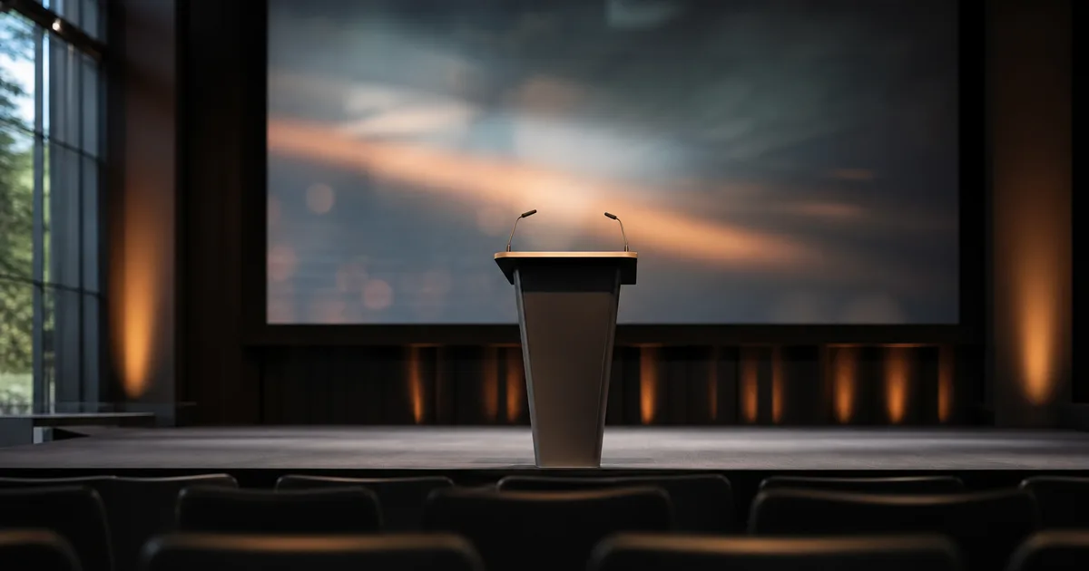 A conference-style stage with an empty podium, a large blurred presentation screen and stage lighting, an empty front row, no people