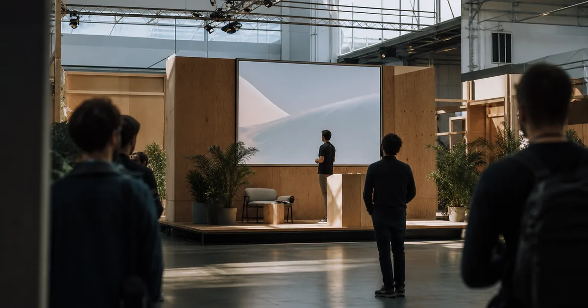 A developer conference booth area with a speaker presenting to a small standing audience, wooden staging with a projection screen behind, natural light from