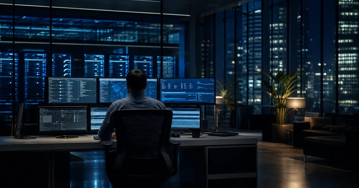 A technology operations center inside a modern bank building at night, racks of servers glowing blue in a glass-walled room, an engineer monitoring