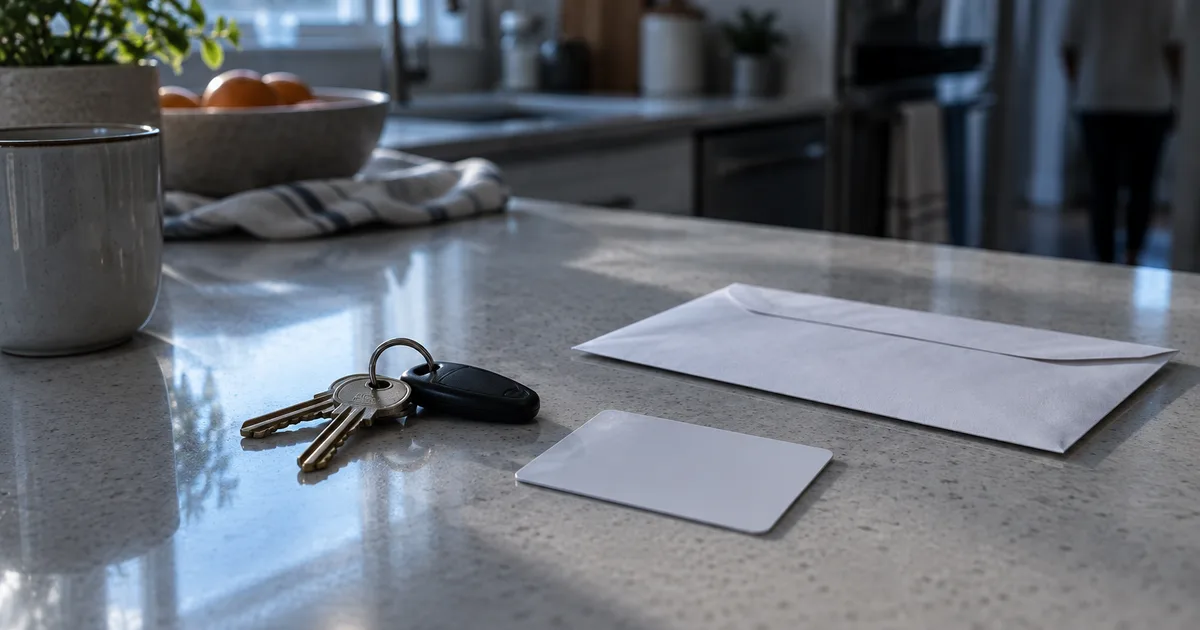 A plastic ID card lying face down on a kitchen counter beside a set of house keys and an unopened envelope, cold early-morning light from a nearby window