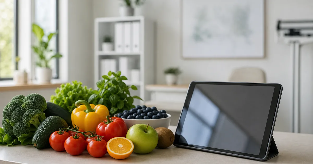 A bright clinical nutrition office with fresh produce arranged on a clean counter and a tablet beside it, soft daylight, no readable text, no people