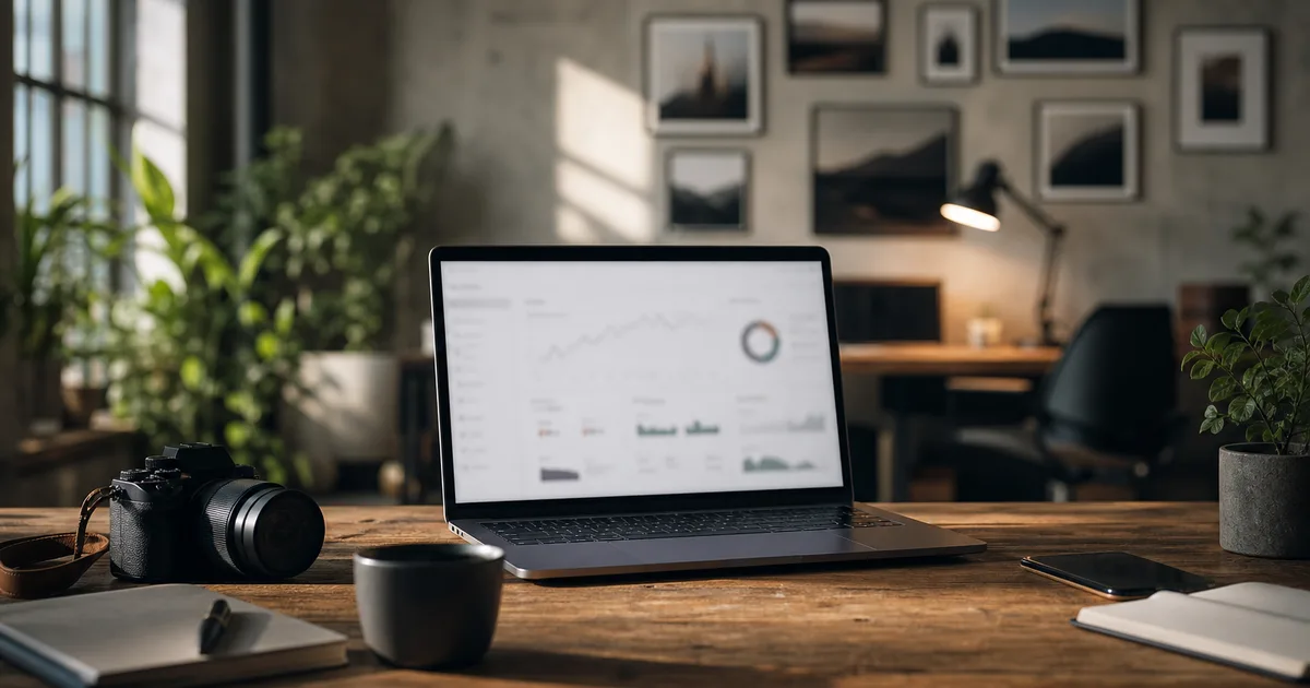 A creative agency workspace with a laptop showing a blurred analytics dashboard, a camera and notebook, warm daylight