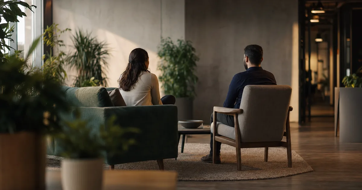 Two colleagues having a candid one-on-one conversation in a casual office lounge area with warm ambient lighting and plants in the background