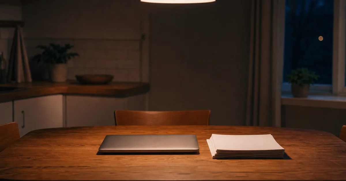 A quiet home kitchen table at night, a closed laptop and a stack of papers lit by a single overhead lamp