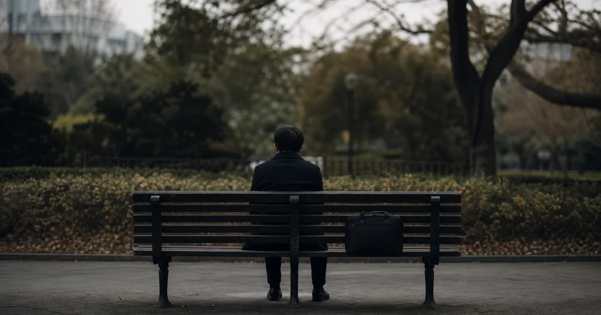 A person sitting alone on a park bench in overcast light, a briefcase beside them, surrounded by quiet urban greenery