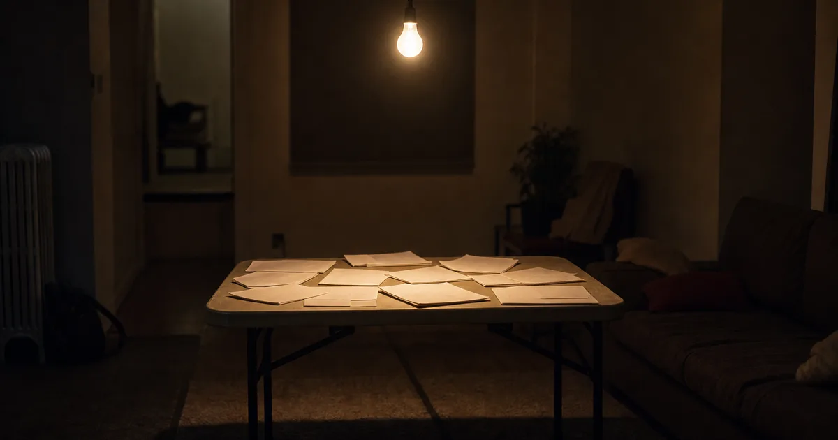 A shared living room at night, a folding table covered with loose papers under a single bare bulb