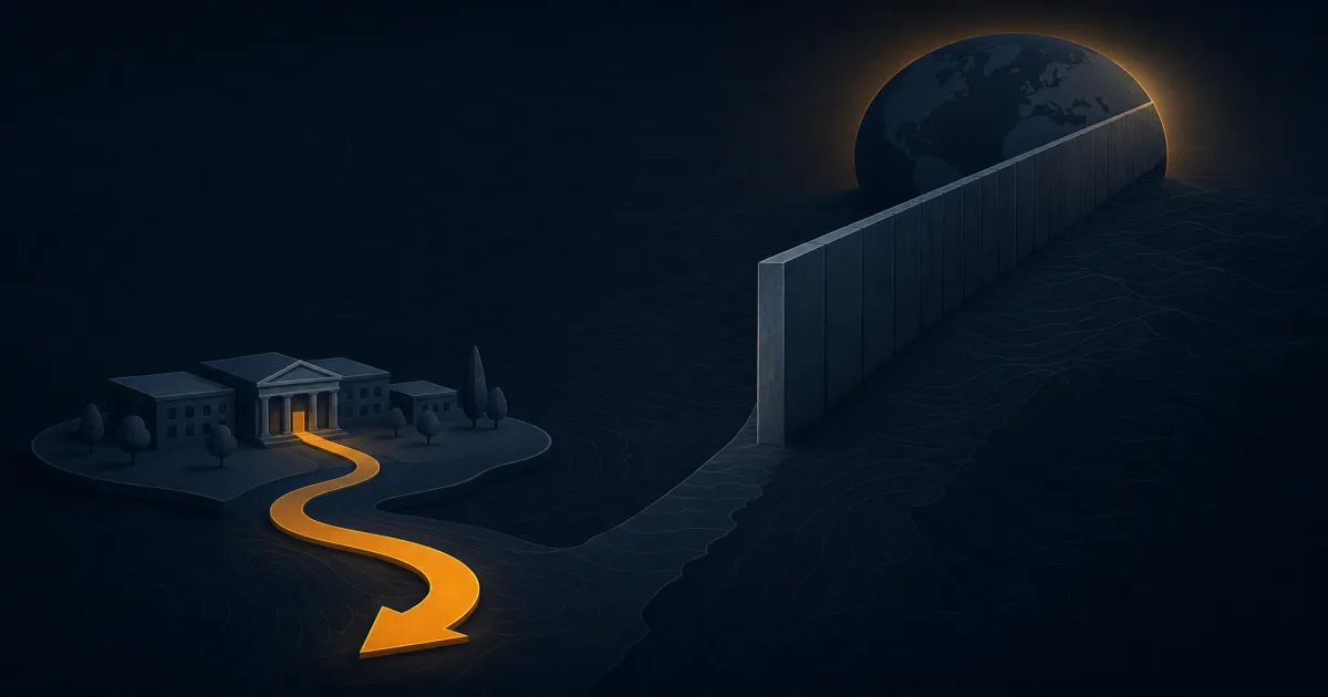 An abstract split-path illustration with a stylized US campus on one side and a globe on the other, connected by a low-cost arrow versus a six-figure fee.