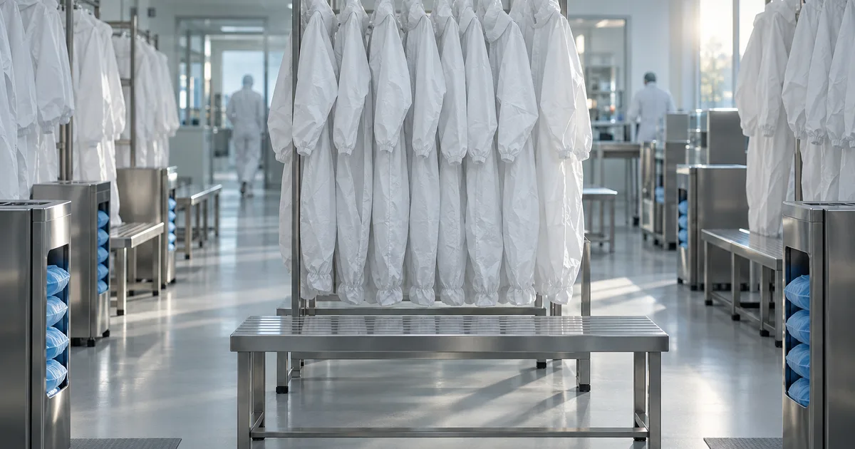 A medical-device manufacturing cleanroom gowning area at early morning, rows of hanging white coveralls, stainless steel benches and shoe-cover dispensers
