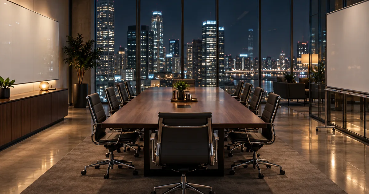 An empty consulting-firm project war room at night, whiteboards wiped clean, rolling chairs pushed under a long table and city lights glittering through