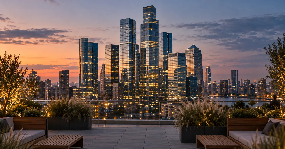 A cluster of bank towers seen at dusk from an empty rooftop terrace, potted grasses and teak benches in the foreground, office windows lighting up floor by