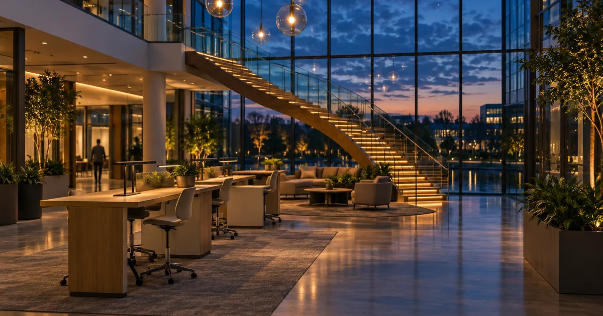 A glass-walled bank technology campus atrium in suburban Virginia at blue hour, empty standing desks, a curved floating staircase and warm pendant lights