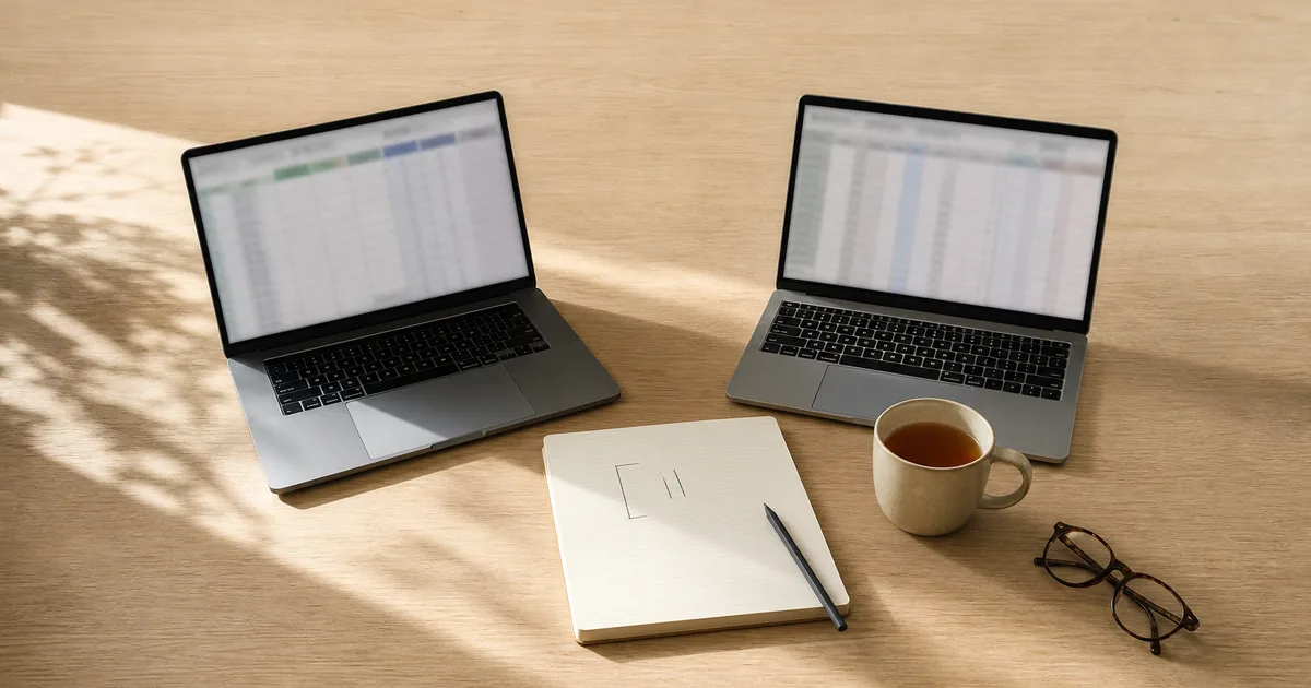 A wide desk with two open laptops side by side showing blurred spreadsheet grids, a notepad with a hand-drawn ratio bracket, and a mug in cool afternoon light