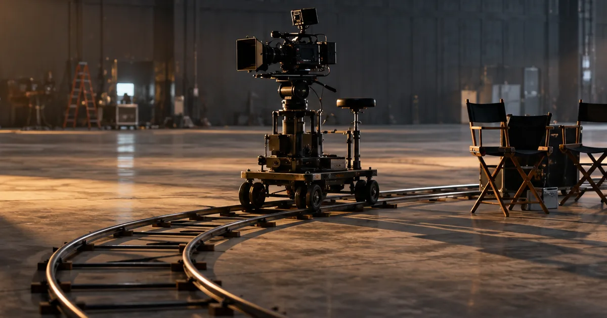An empty film soundstage with a lone camera dolly on curved tracks and a few folding director's chairs, work lights casting long shadows across the concrete