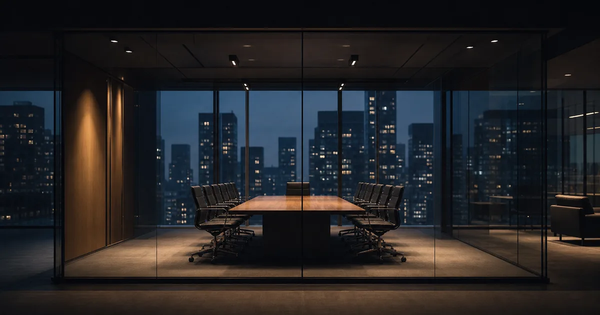 A large glass office tower lobby with professionals walking through in business attire during morning commute