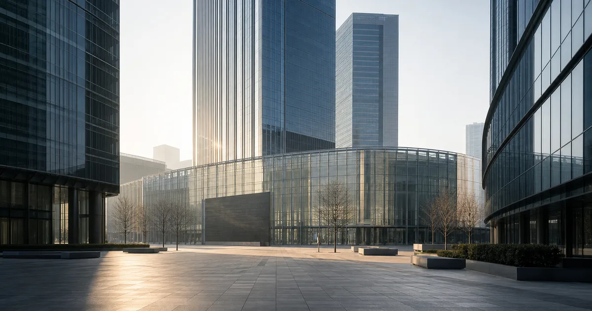 A financial district office tower's glass facade reflecting a cloudy sky, with commuters crossing the street below