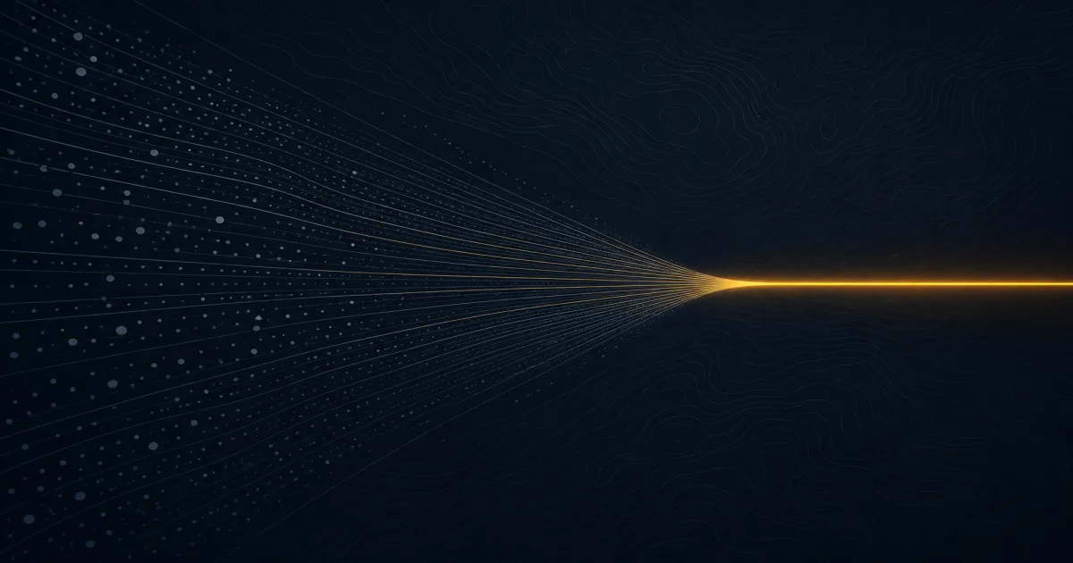 Abstract illustration of many thin parallel lines funneling into one bold line, with a scattered cloud of faint dots fading at the edges.