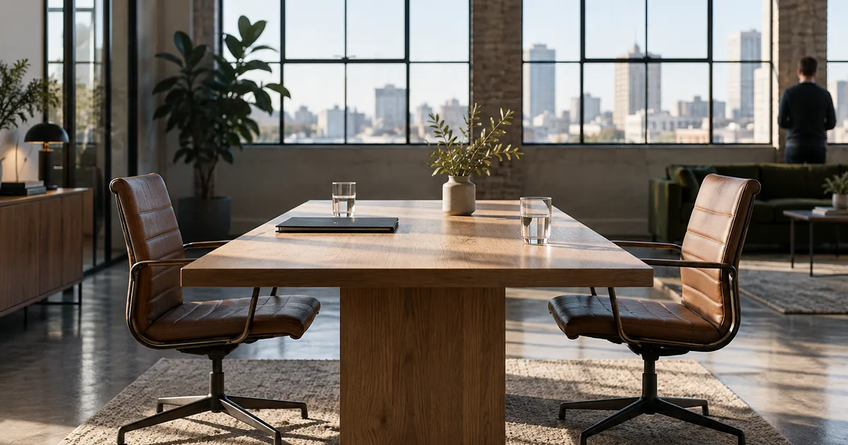 A small startup conference room at midday, two empty chairs facing each other across a plain oak table with water glasses and a closed folder, daylight