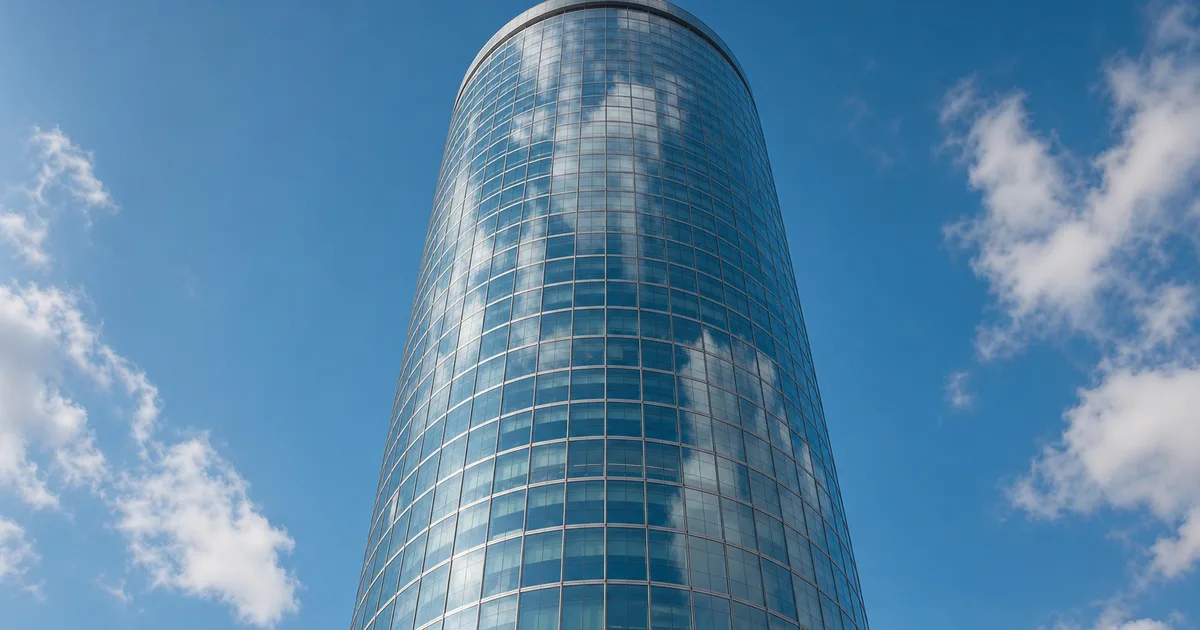 A modern glass office campus at dusk with rows of lit windows, evoking a large enterprise software employer