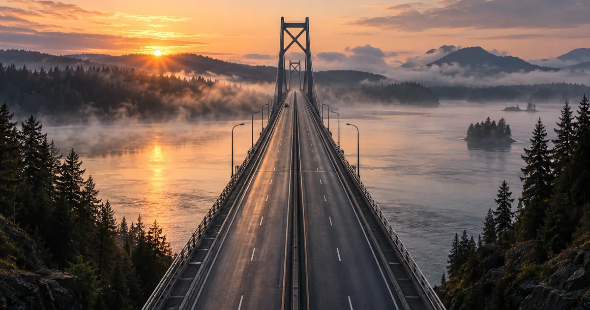 A long cross-border commuter bridge over a wide river at sunrise, empty lanes and light mist, dark pine trees on both banks