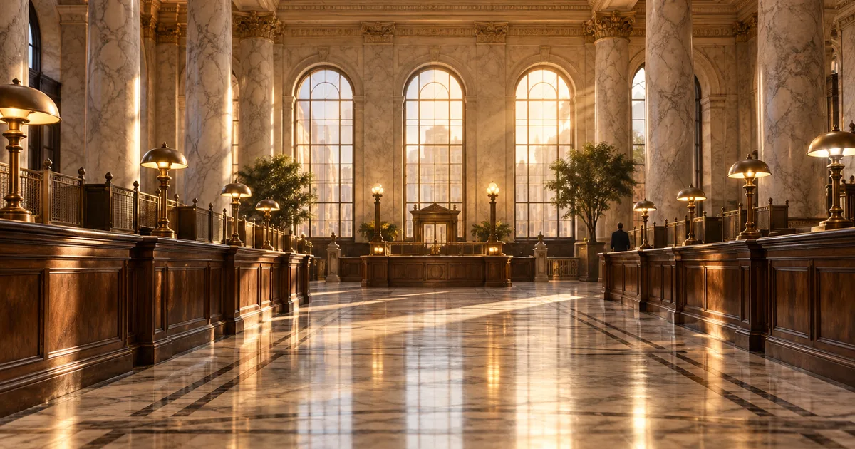 A historic marble banking hall at closing time, long wooden counters, brass lamps and a coffered ceiling glowing in warm late-afternoon light, the floor