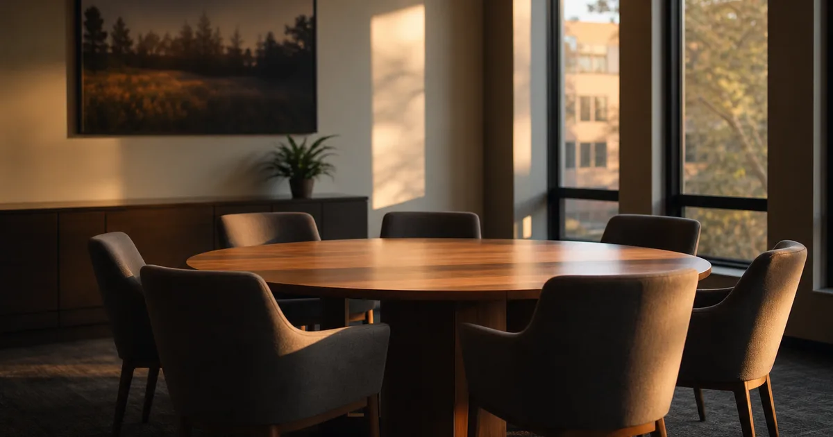 A university career-services conference room at late afternoon, an empty round table and chairs lit by low warm light through tall windows