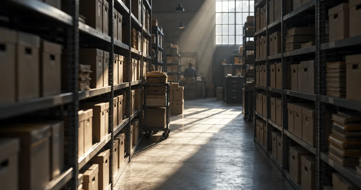 Rows of sealed cardboard archive boxes on tall metal shelving in a dim government records room, a single shaft of morning light across the aisle
