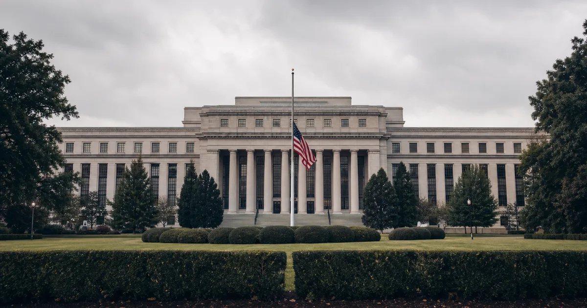 A wide angle of a government labor department building exterior with manicured hedges and an American flag at half-height in overcast daylight