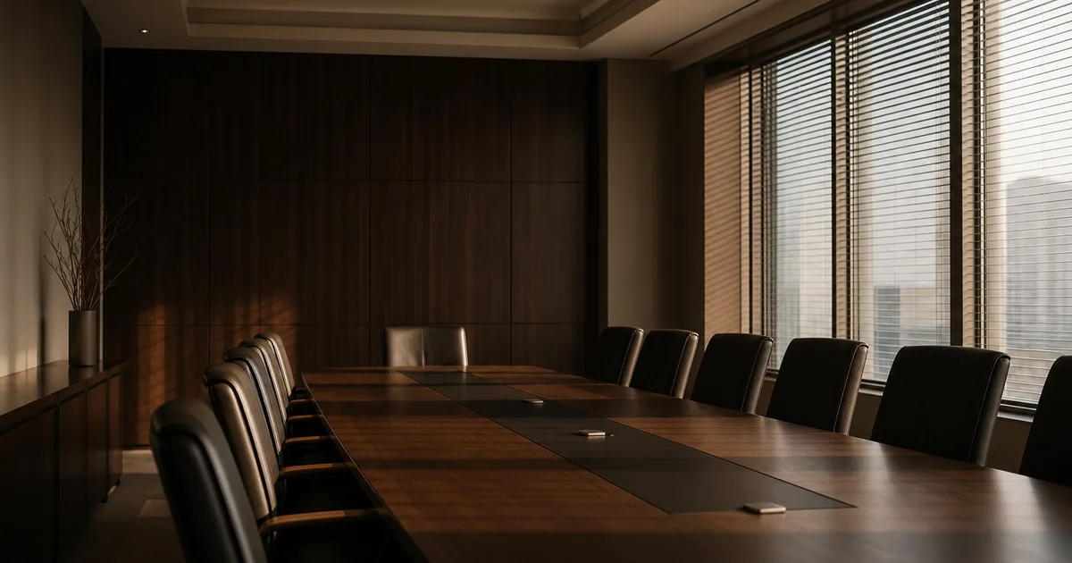 An empty formal conference room with a long wooden table, chairs pushed in neatly, large windows with venetian blinds half-open, neutral tones