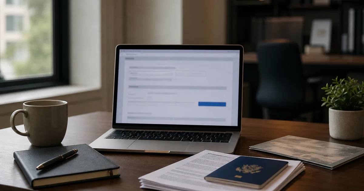 A professional workspace with a laptop screen open to a government form portal, a passport and supporting documents neatly arranged on the desk beside the