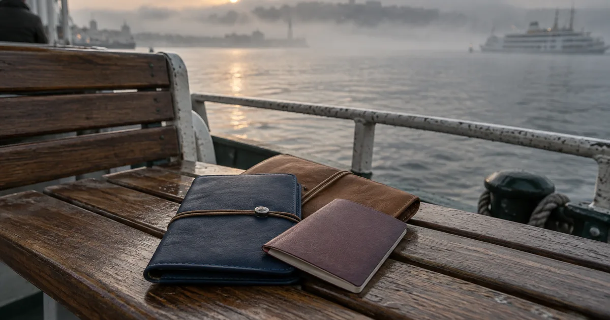 Two differently coloured travel document folders and a closed passport on the wooden bench of a harbour ferry at early morning, mist drifting over grey water