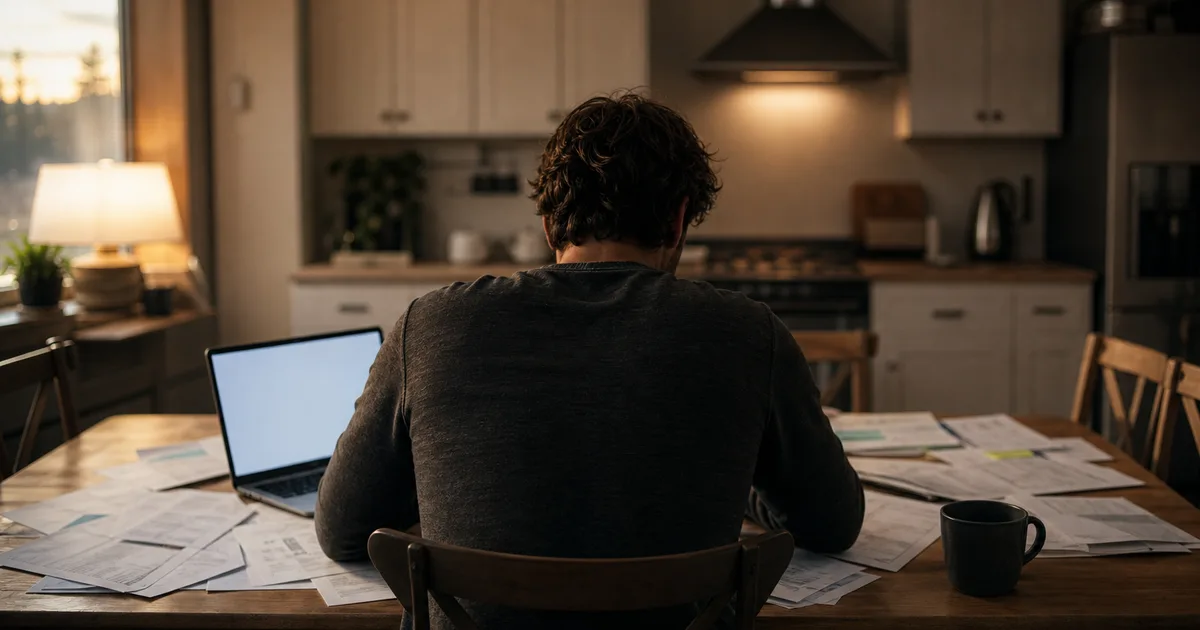 A person seated at a kitchen table surrounded by tax forms and a laptop, warm evening indoor lighting, documents not readable