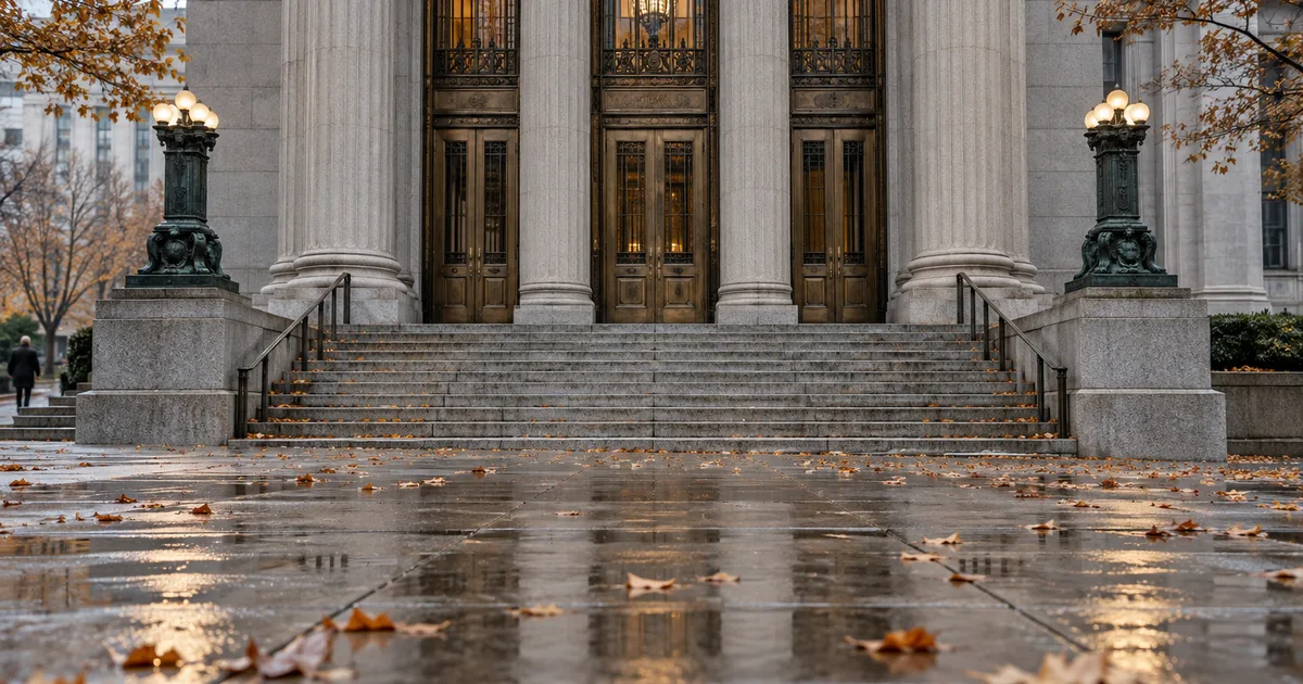 The stone steps and tall bronze doors of a federal appeals courthouse on a grey autumn morning, wet pavement and scattered fallen leaves in the foreground