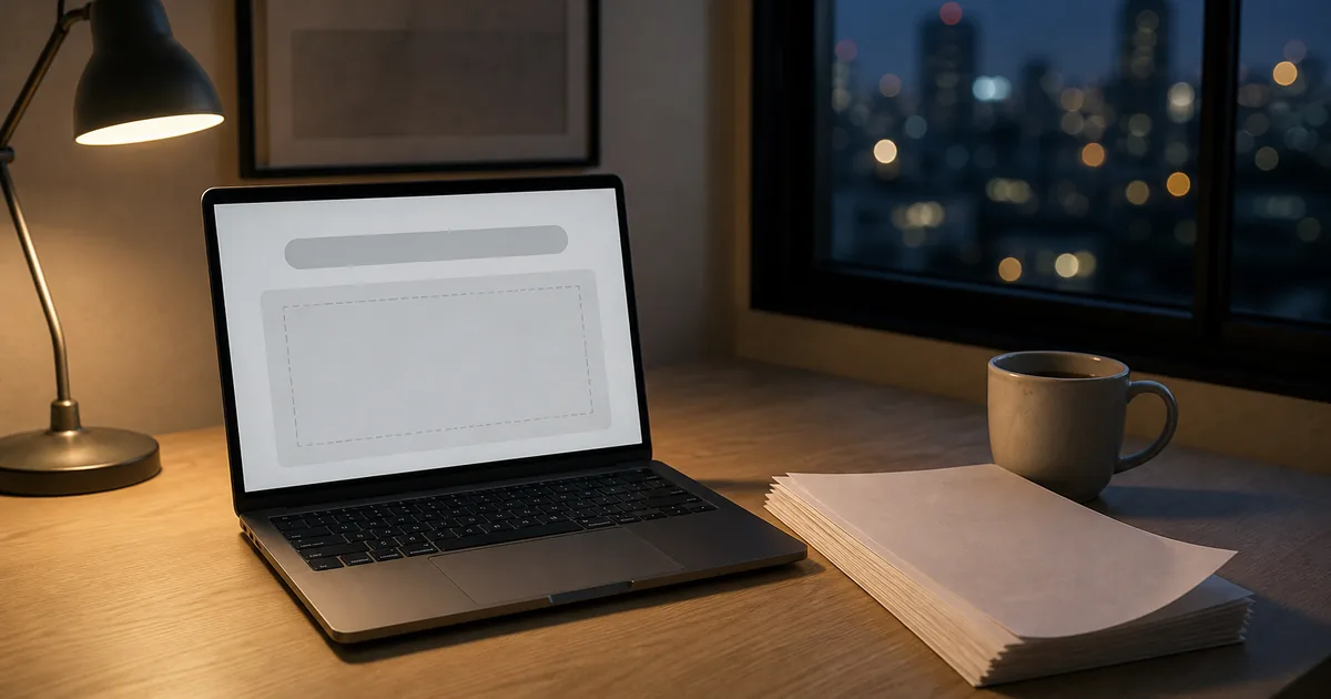 A quiet desk at dusk with an open laptop showing a blank search result panel, a printed offer letter beside it, warm lamp light, no readable text